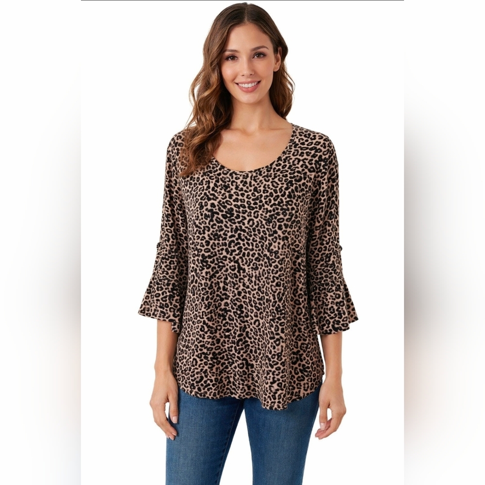 Apt 9 animal print tunic top blouse size L belle sleeves brown black  *